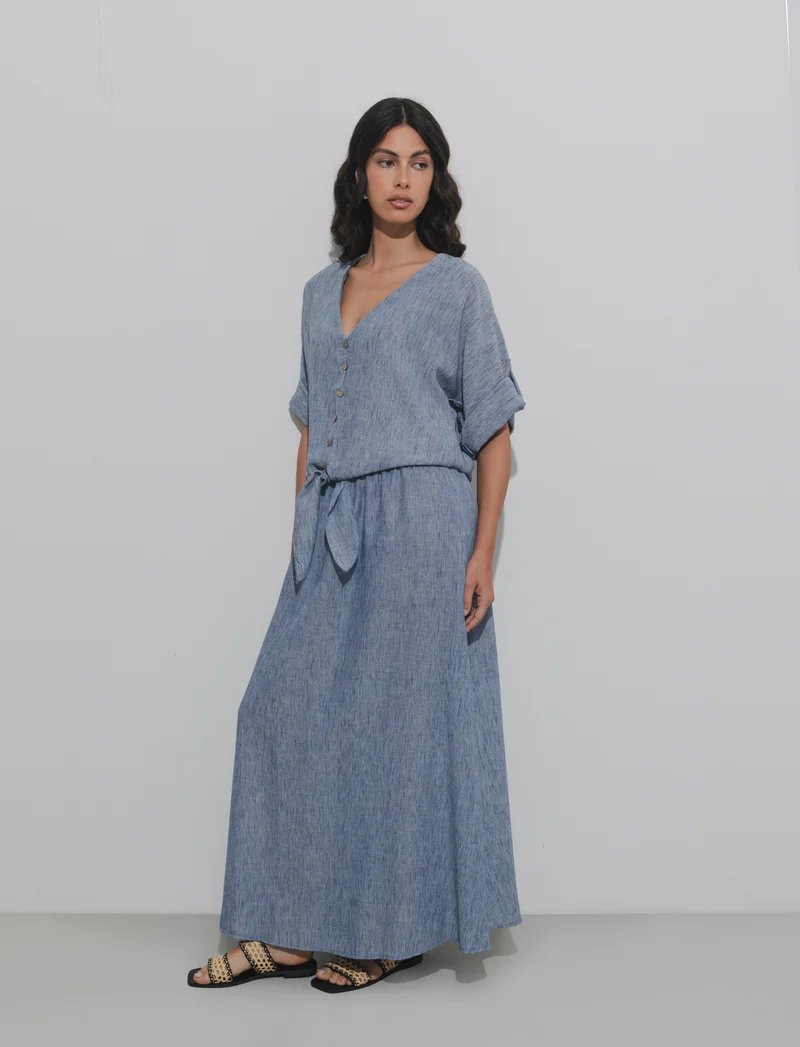 Gonna lunga con elastico in vita - Denim