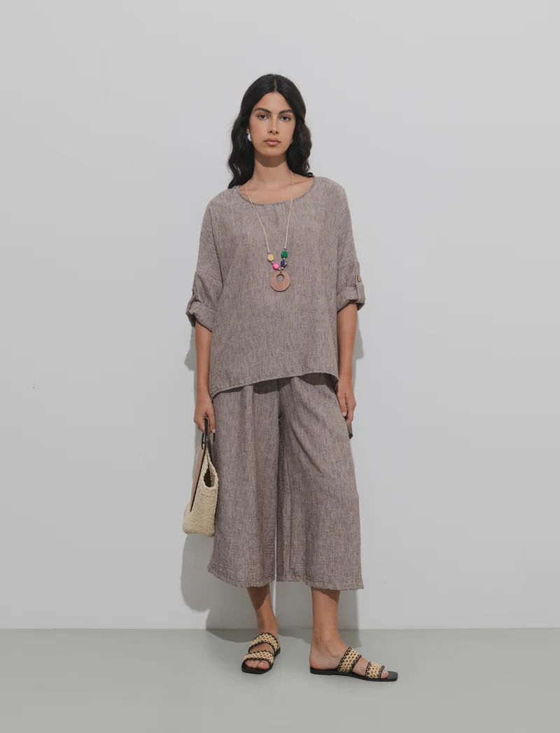 Pantalone largo con cintura - Marrone tabacco