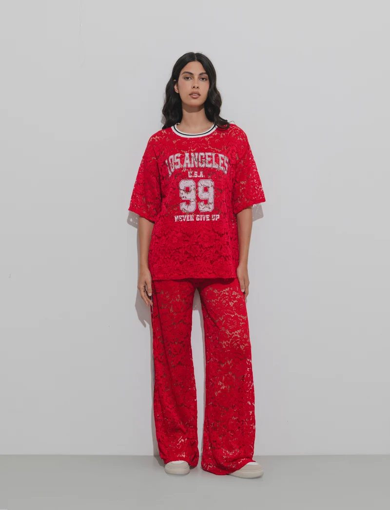 Pantalone in pizzo con bande laterali - Rosso
