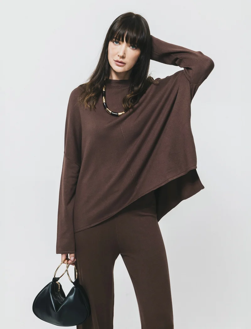 Pullover Mezzo Collo con Spacchi Fianchi - Marrone
