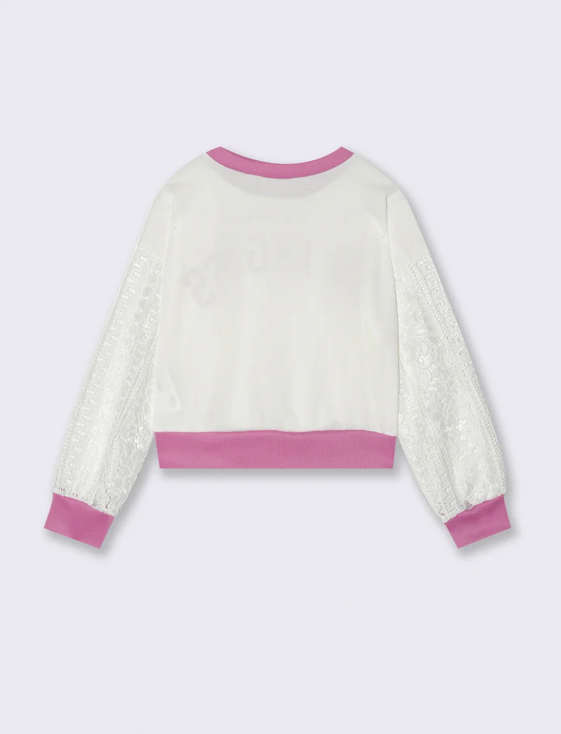 Felpa da bambina cropped con maniche lunghe in pizzo. - Bianco