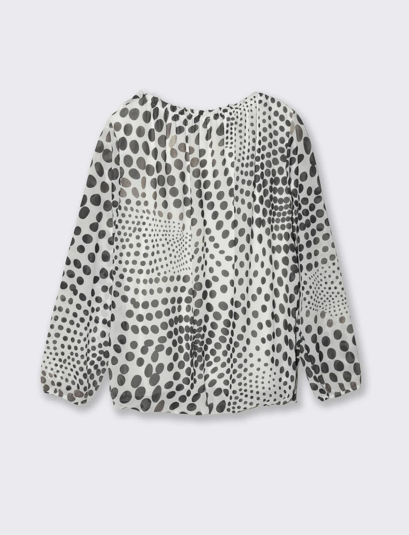 Blusa ampia in tessuto leggero con stampa e fiocco su una spalla. - Bianco-nero