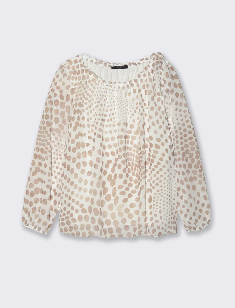 Blusa ampia in tessuto leggero con stampa e fiocco su una spalla. - Beige