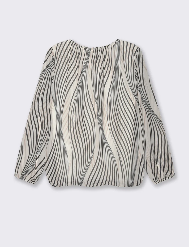 Blusa ampia in tessuto leggero con stampa e fiocco su una spalla. - Bianco-nero