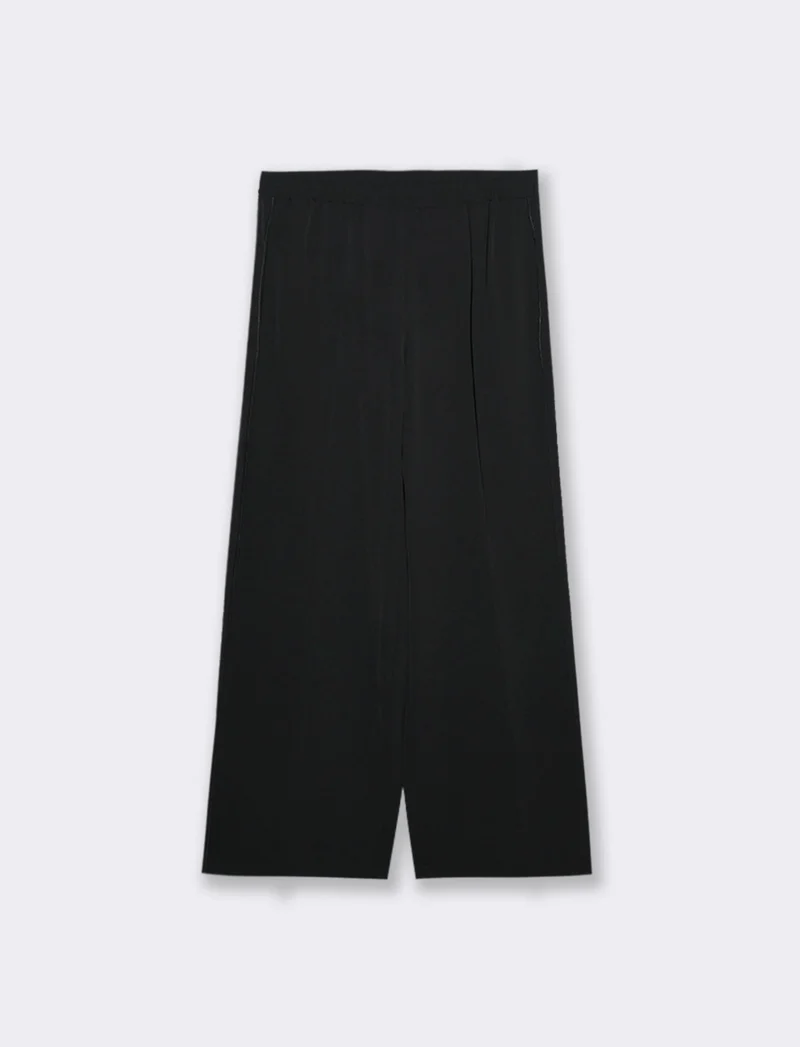 Pantalone palazzo con vita elasticizzata e coulisse regolabile. - Nero