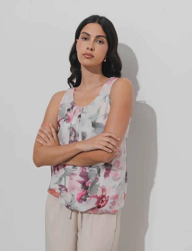 Top stampato in tessuto leggero - Beige