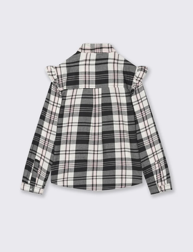 Camicia manica lunga in flanella con rouches. - Nero