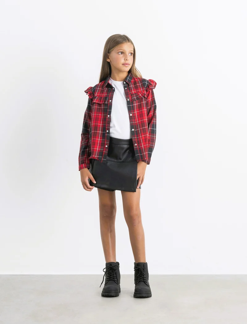 Camicia manica lunga in flanella con rouches. - Rosso