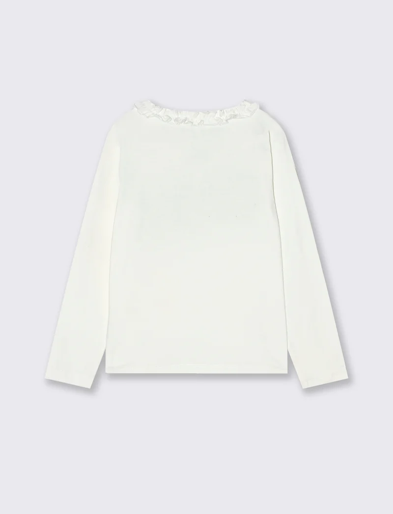 T-shirt manica lunga con scollo rouches e applicazione sul davanri, - Bianco latte