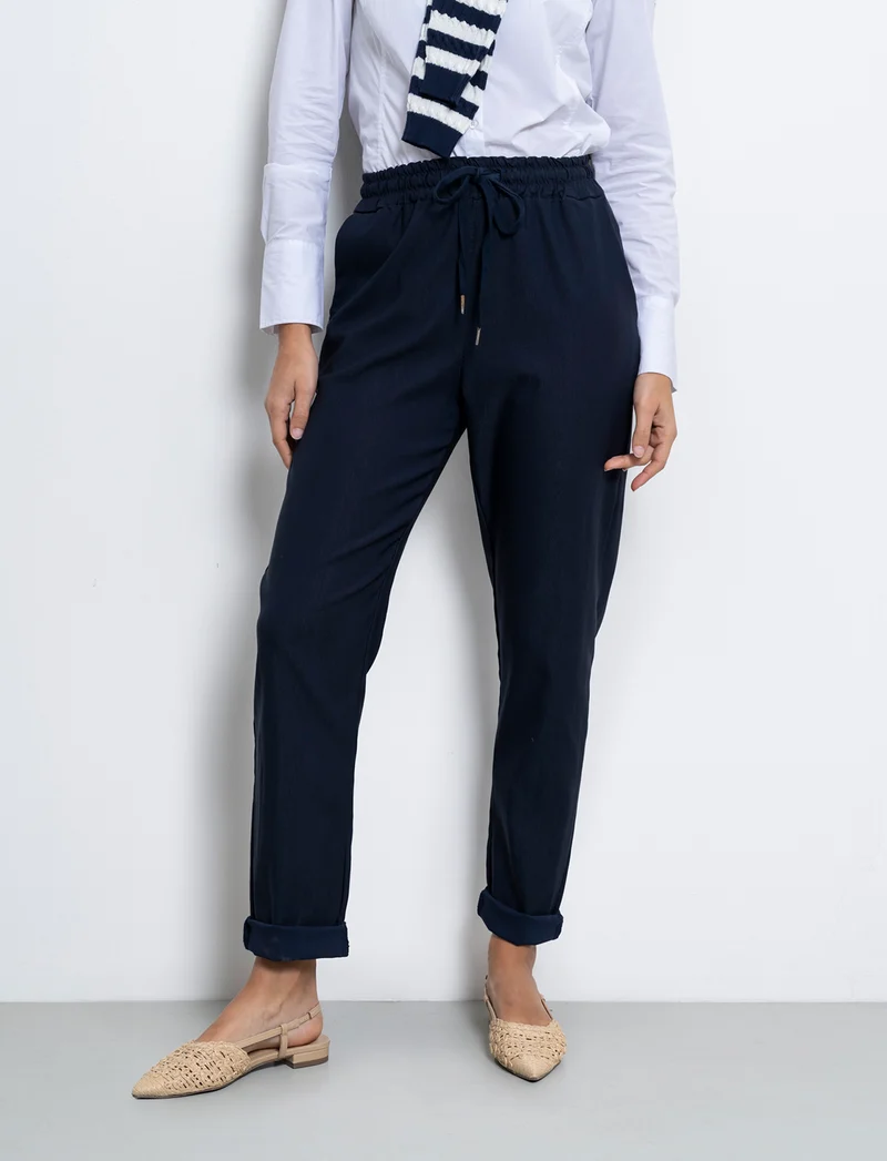 Pantalone in tessuto elasticizzato con coulisse in vita - Blu