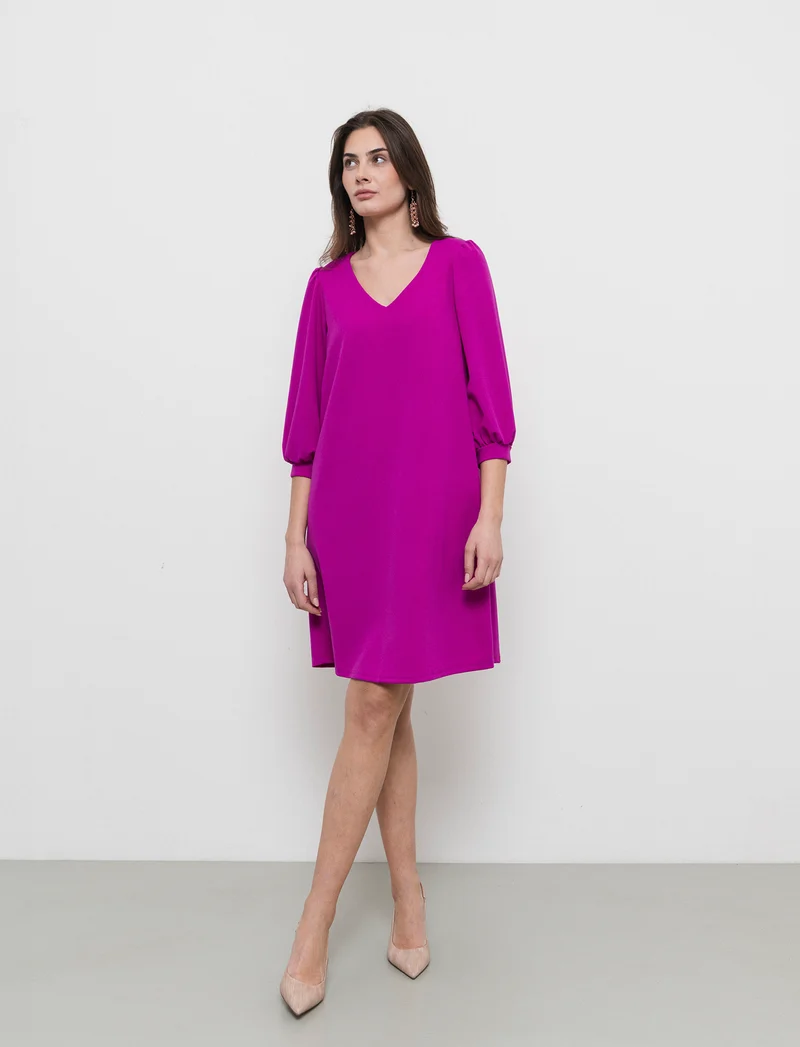 Vestito con maniche a sbuffo 3/4 e scollo a V - Fuxia