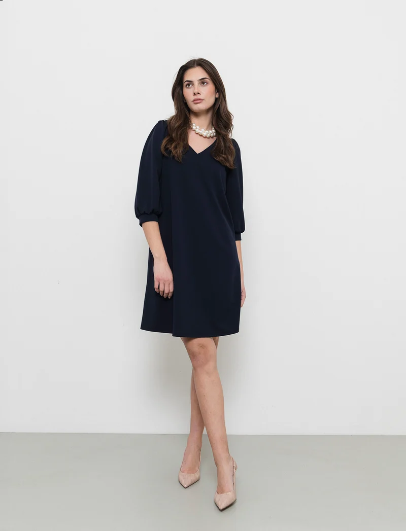 Vestito con maniche a sbuffo 3/4 e scollo a V - Blu