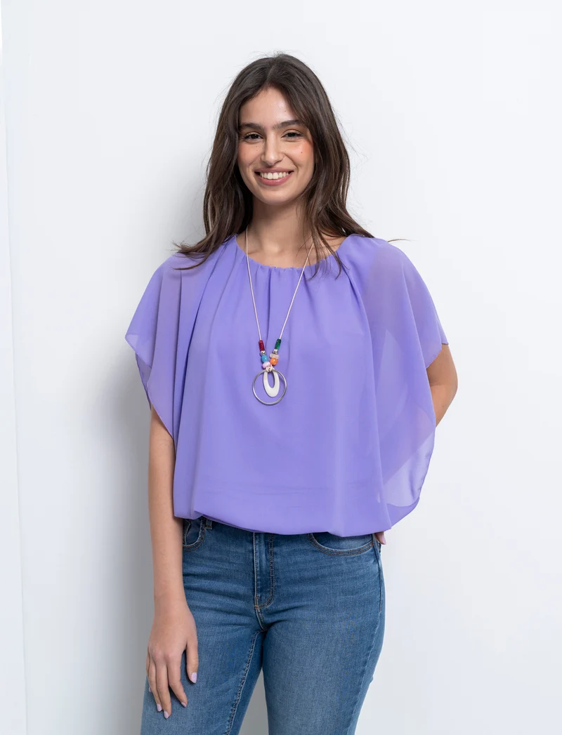 Casacca smanicata in tessuto leggero con collana - Lilla