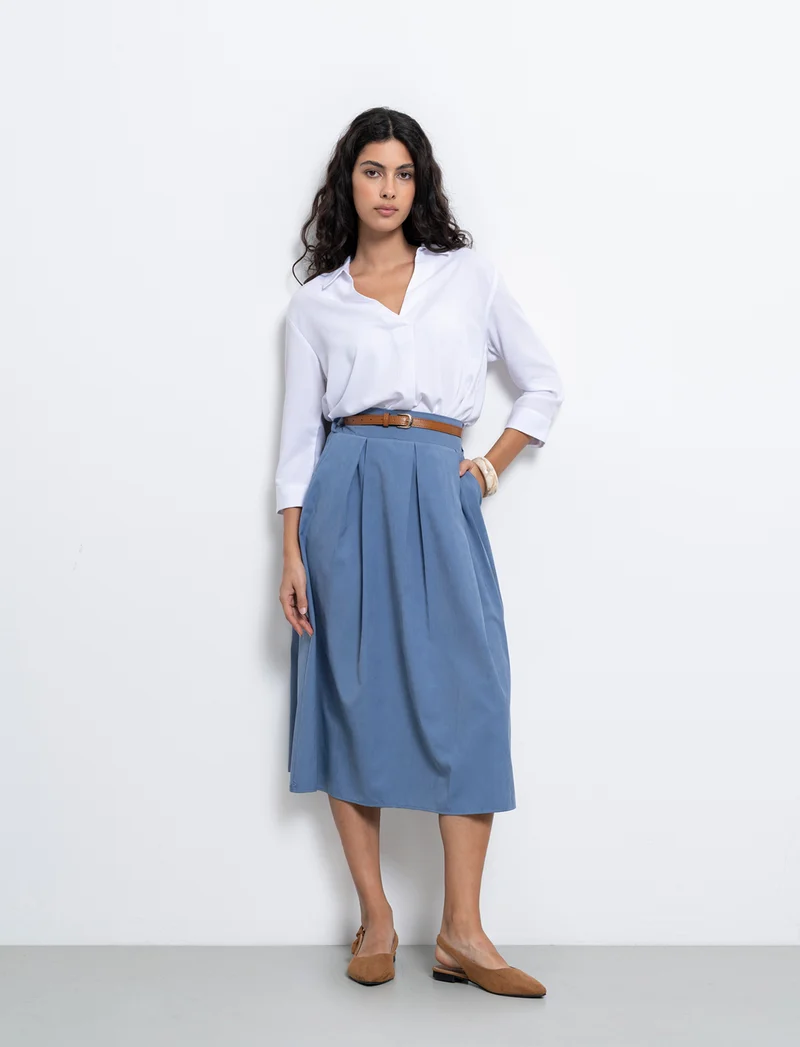 Gonna in tessuto tecnico con cintura - Denim
