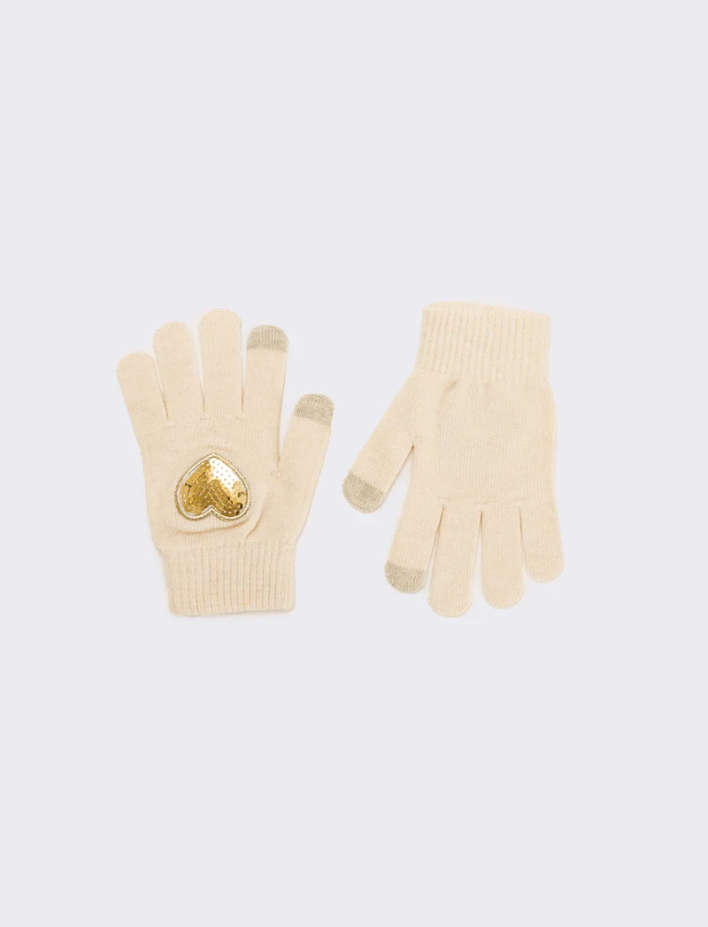 Guanti bambina con cuore paillettes - Bianco sporco