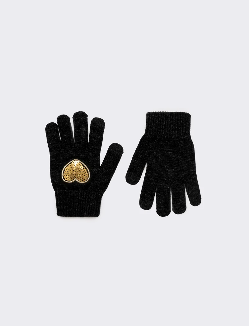 Guanti bambina con cuore paillettes - Nero