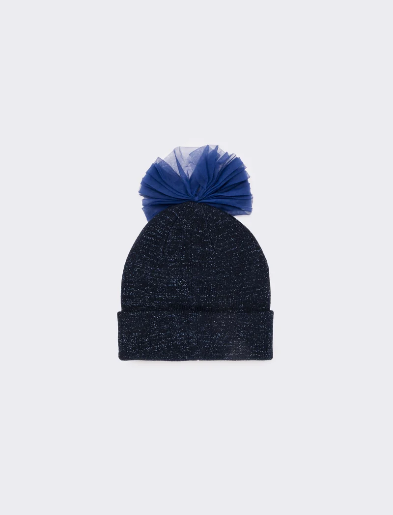 Cappello con fiocco in tulle e lettera paillettes - Blu-rosa