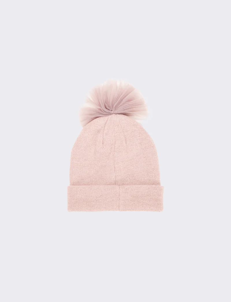 Cappello con fiocco in tulle e lettera paillettes - Rosa
