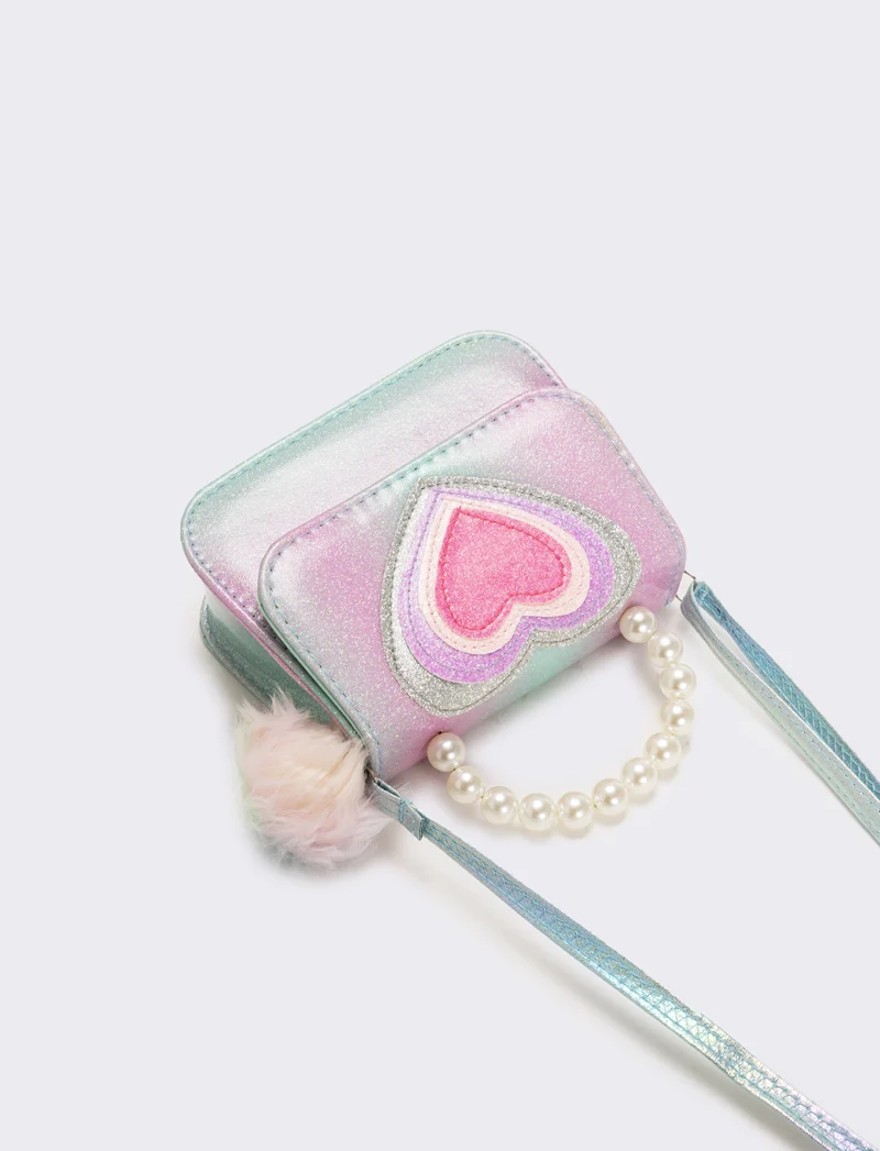 Borsa bambina tracollina con patta e manico in perle - Turchese