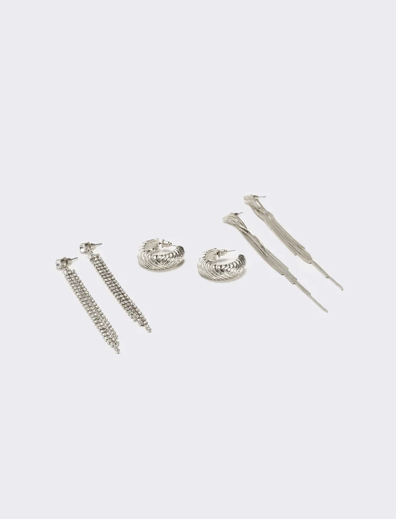 Card 3 orecchini pendenti con strass e cerchio - Argento