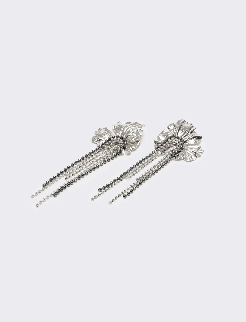 Orecchini fiori grandi con fili strass - Argento