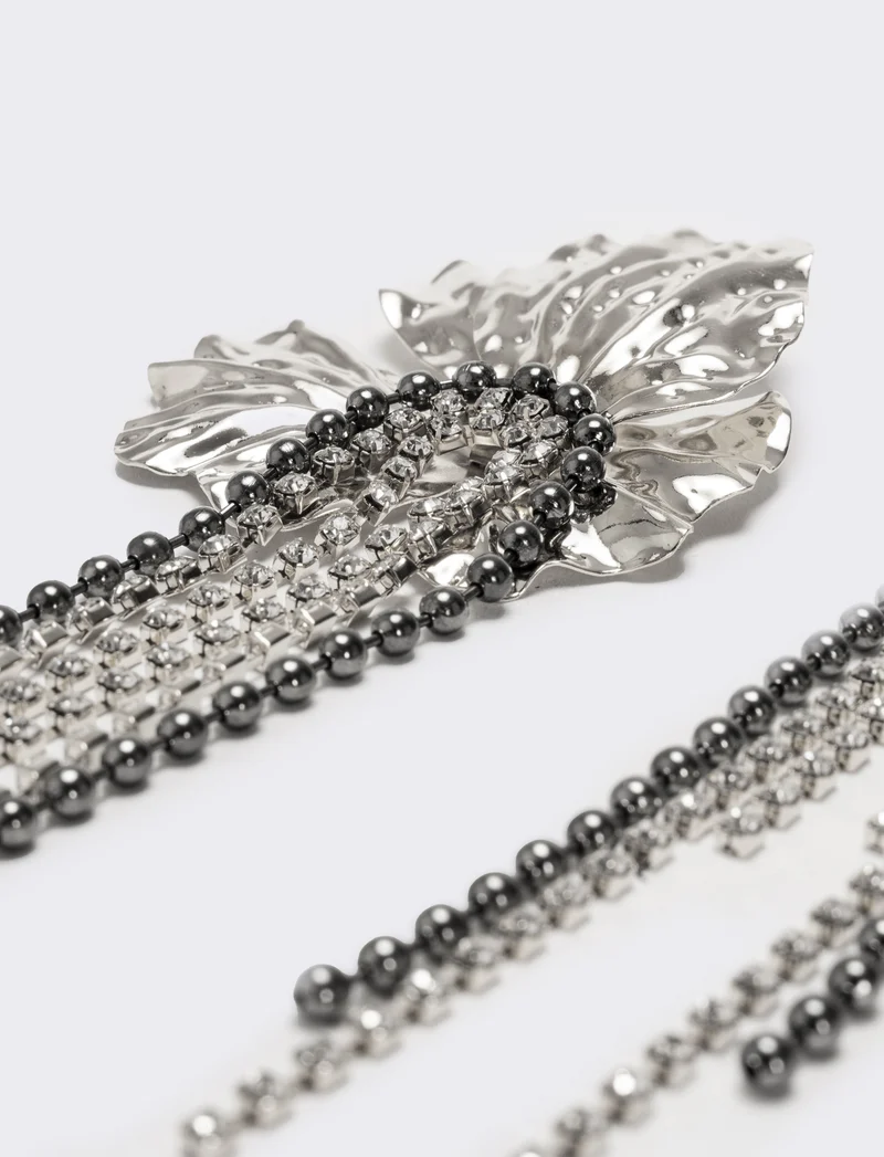 Orecchini fiori grandi con fili strass - Argento