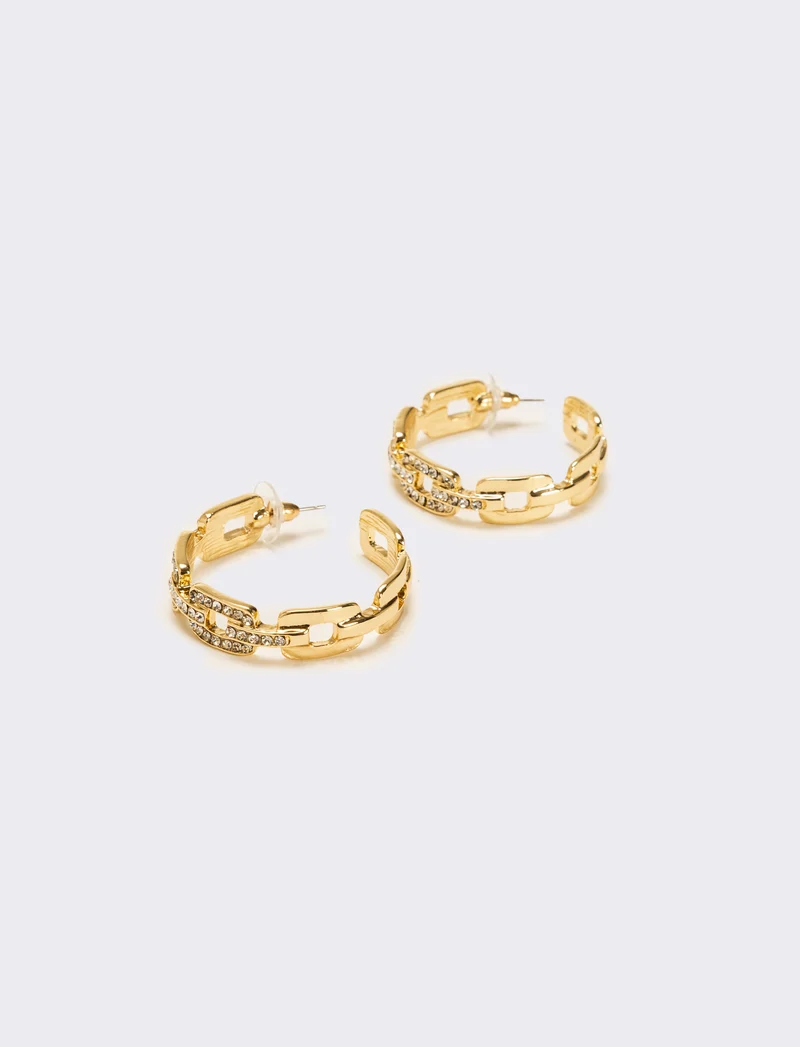 Orecchini cerchi catena con strass - Oro