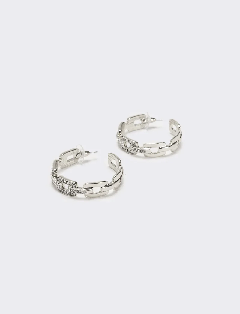 Orecchini cerchi catena con strass - Argento
