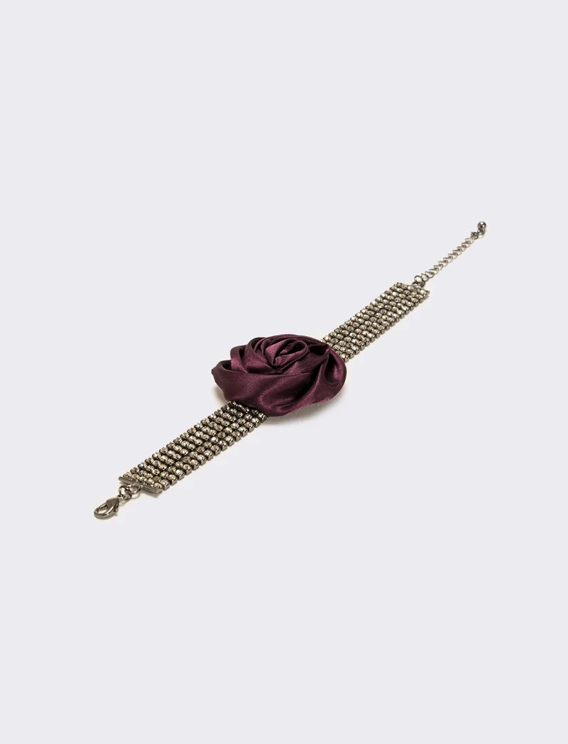 Bracciale strass e rosa in tessuto - Viola
