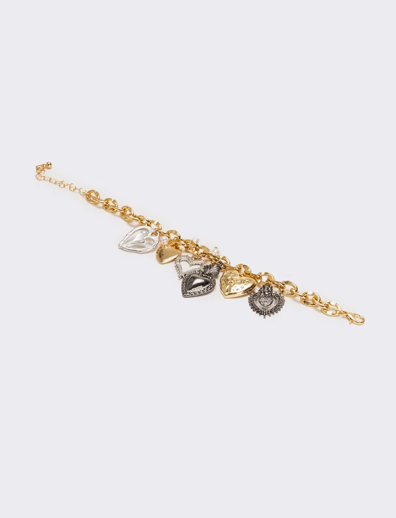 Bracciale con cuoricini strass e perline - Multicolore