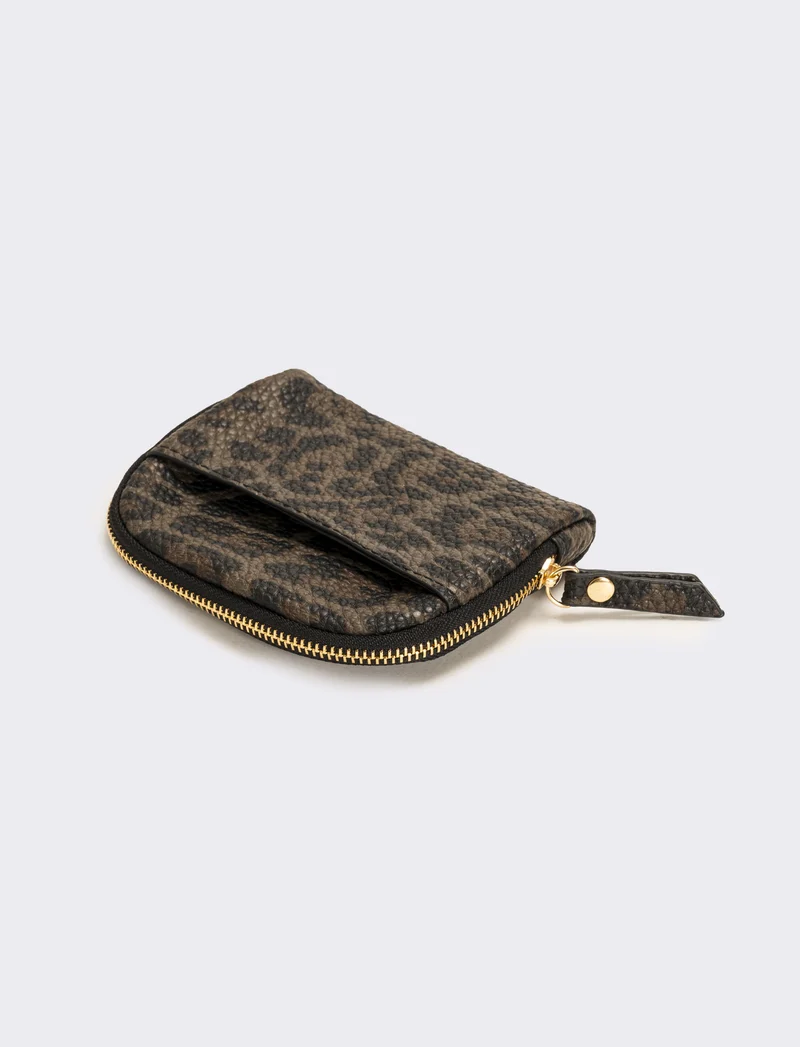 Portamonete finta pelle con zip animalier - Nero
