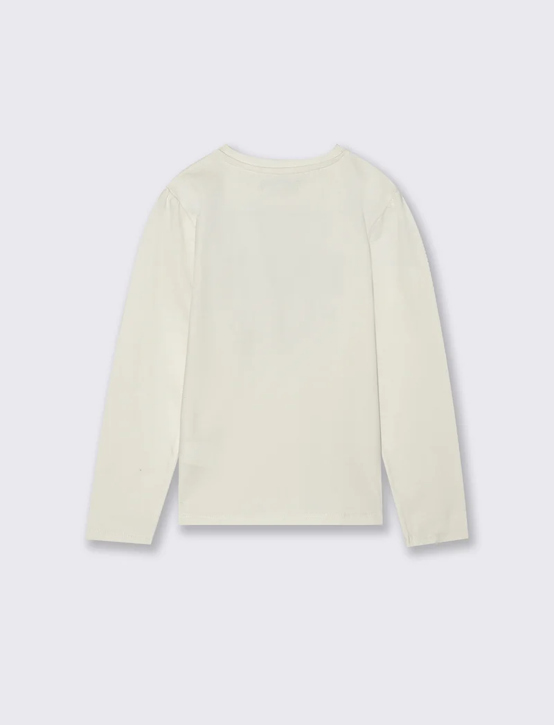 T-shirt manica lunga con stampa e ricamo stile college. - Bianco latte