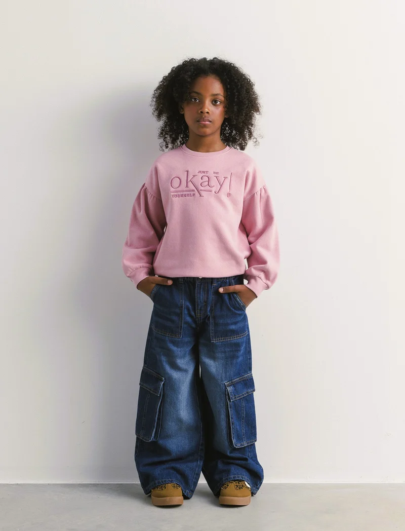 Denim cargo gamba larga da bambina. - DENIM SCURO