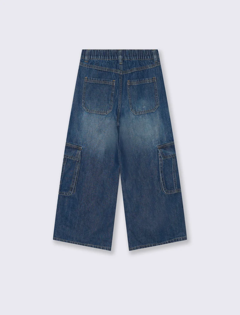 Denim cargo gamba larga da bambina. - DENIM SCURO