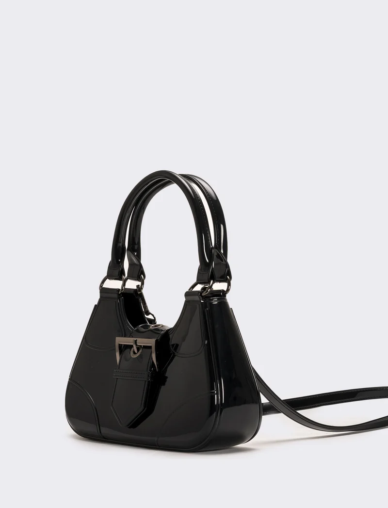 Borsa donna gommata con fibbia e tracolla - Nero