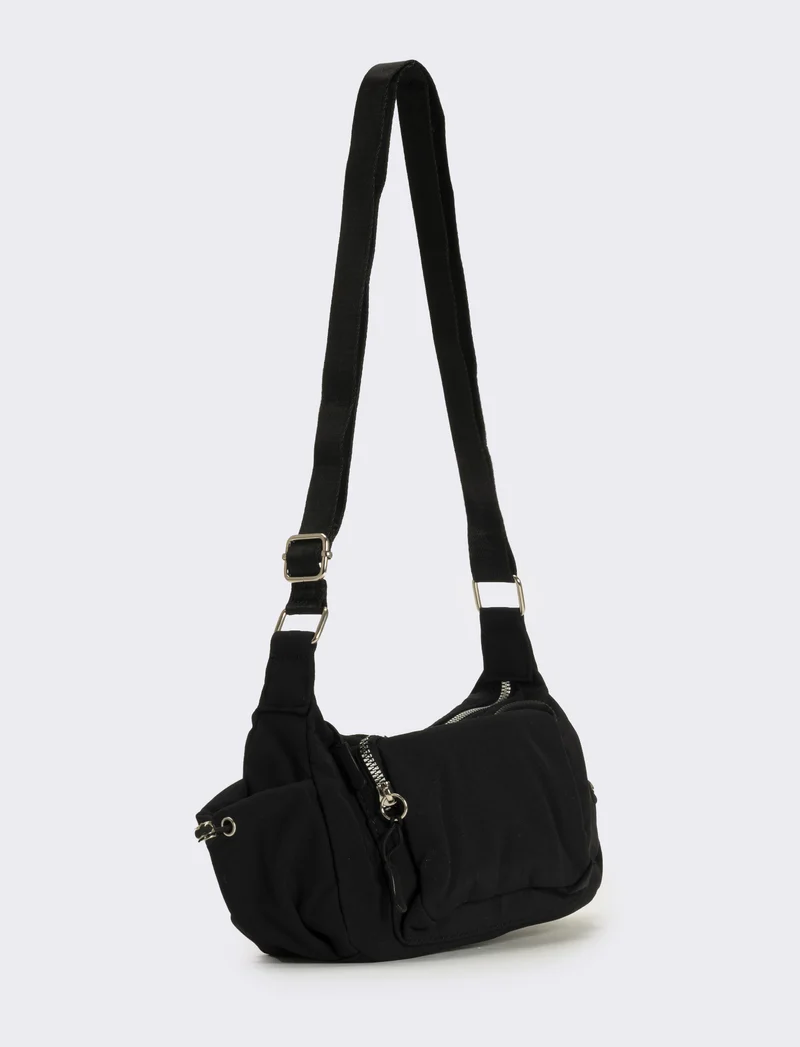 Tracolla donna in nylon con tasche - Nero
