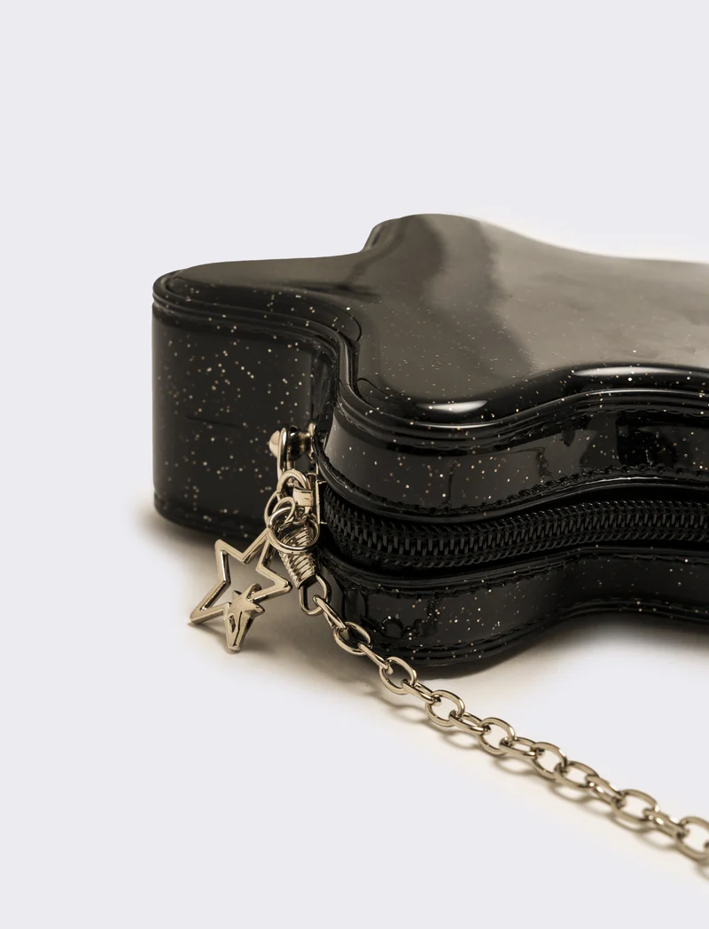 Borsa bambina gommata stella glitter con tracolla - Nero