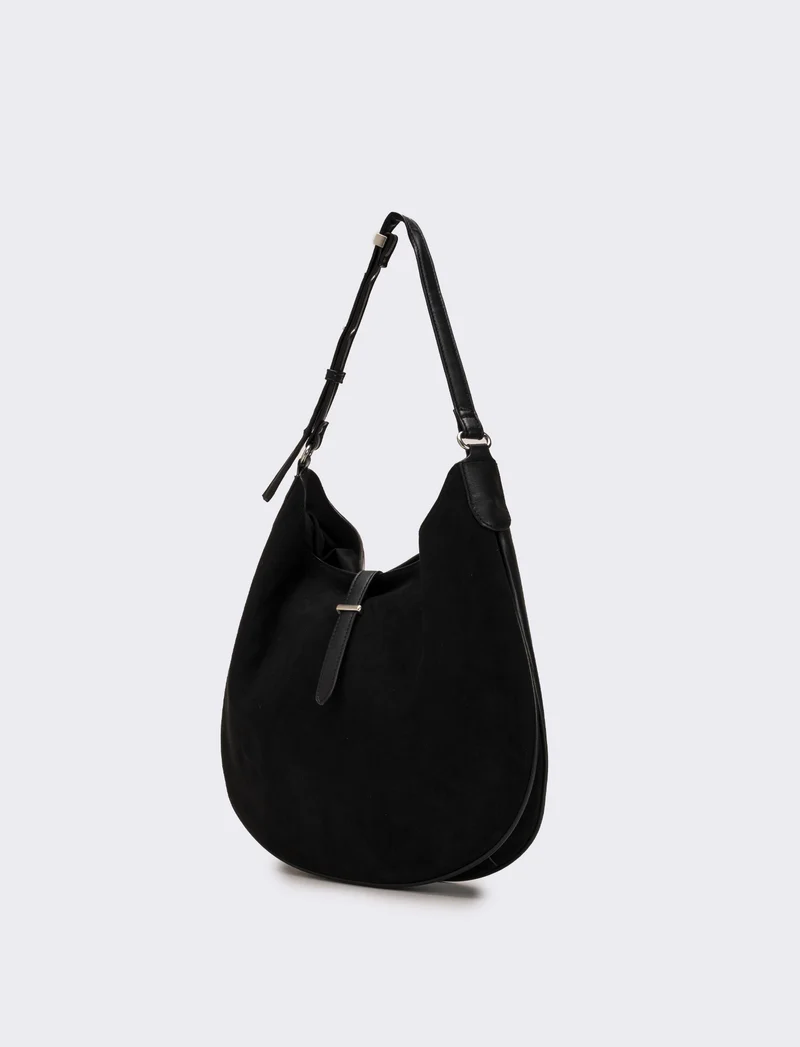 Borsa donna sacca mezzaluna in suede - Nero