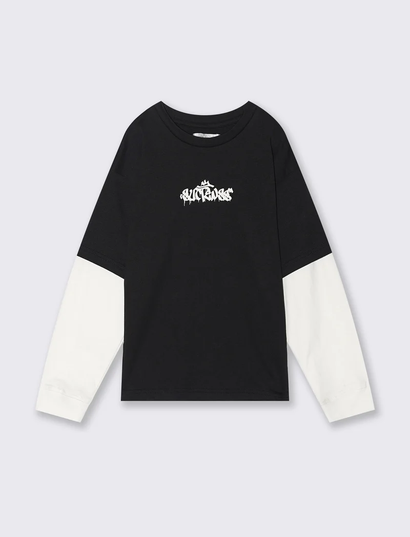 T-shirt maniche lunghe bicolor - Nero