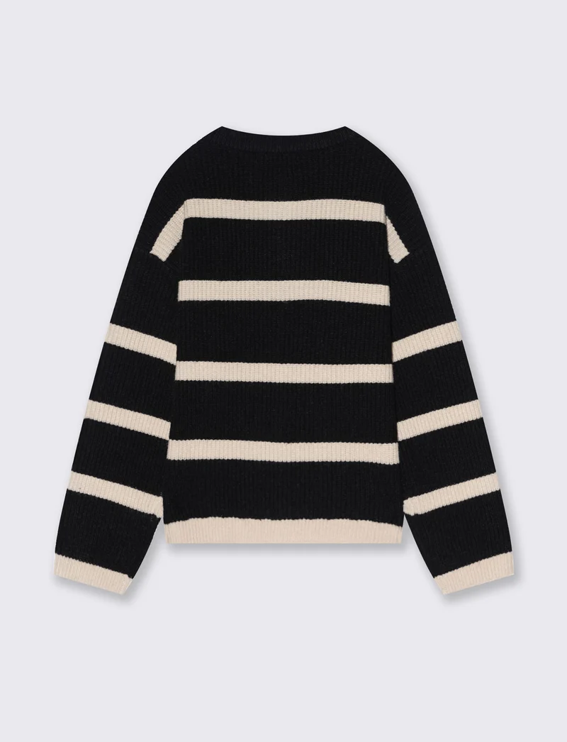 Cardigan girocollo a righe da bambina - Nero-beige