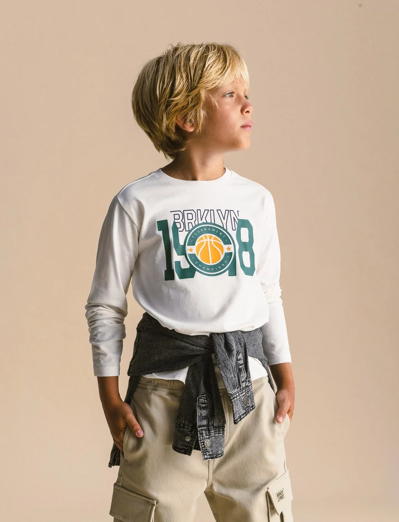 T-shirt manica lunga con stampa. - Bianco latte