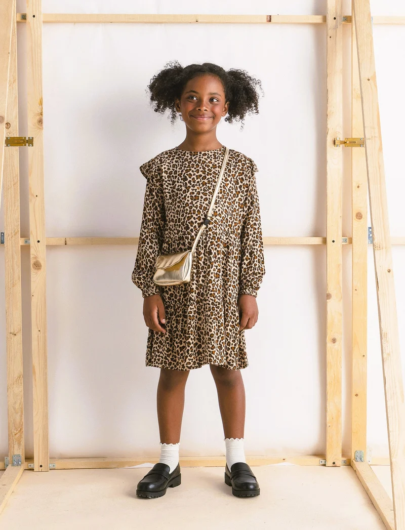 Abito manica lunga in viscosa da bambina. - Leopardato