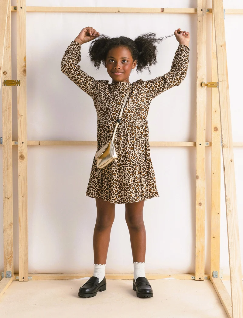 Abito manica lunga in viscosa da bambina. - Leopardato