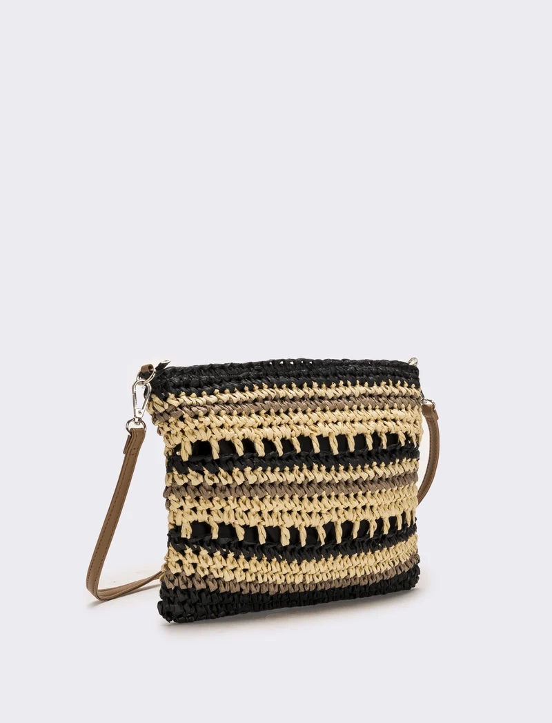 Tracolla donna in raffia righe - Nero