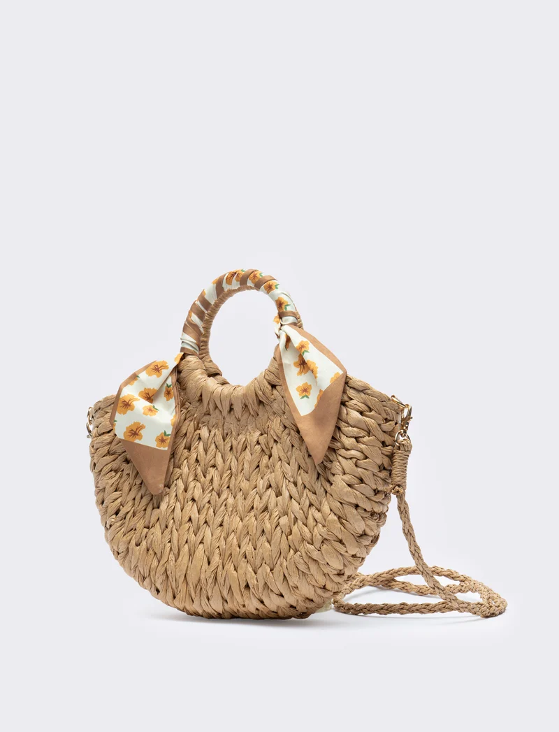 Borsa con manico tondo e foulard - Marrone