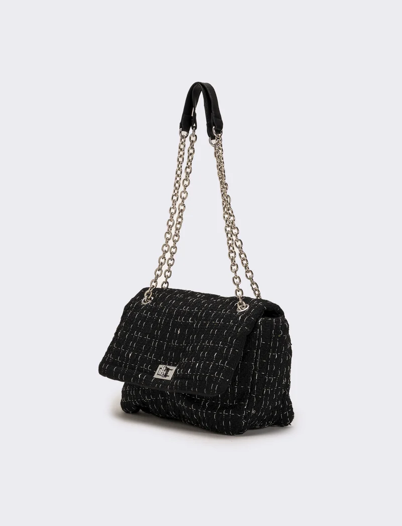 Borsa donna in tessuto con patta e catena infilata - Nero