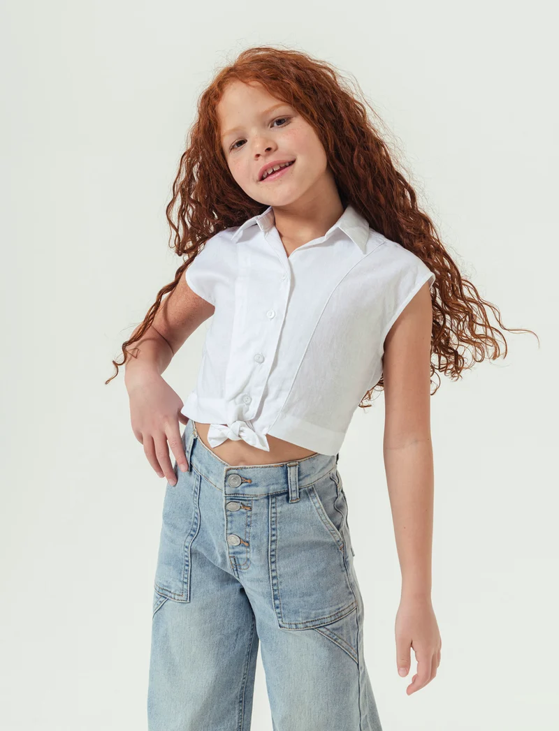 Camicia giromanica con fiocco da bambina - Bianco