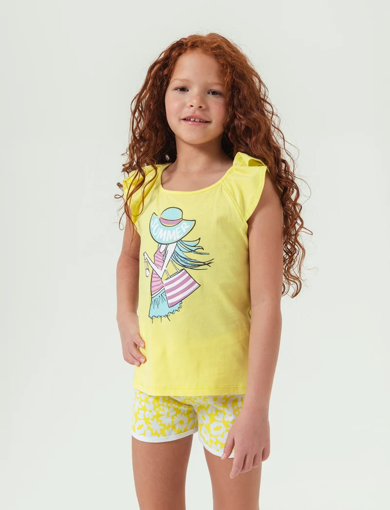 Set 2 pezzi canotta e short da bambina - Giallo