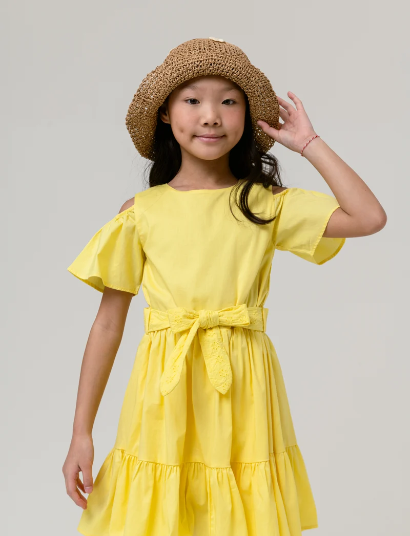 Vestito in cotone con fusciacca da bambina - Giallo