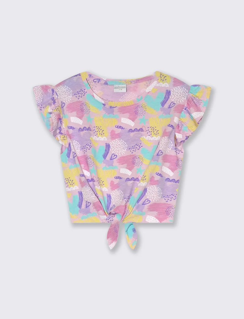 T-shirt stampata con nodo al fondo da bambina - Rosa